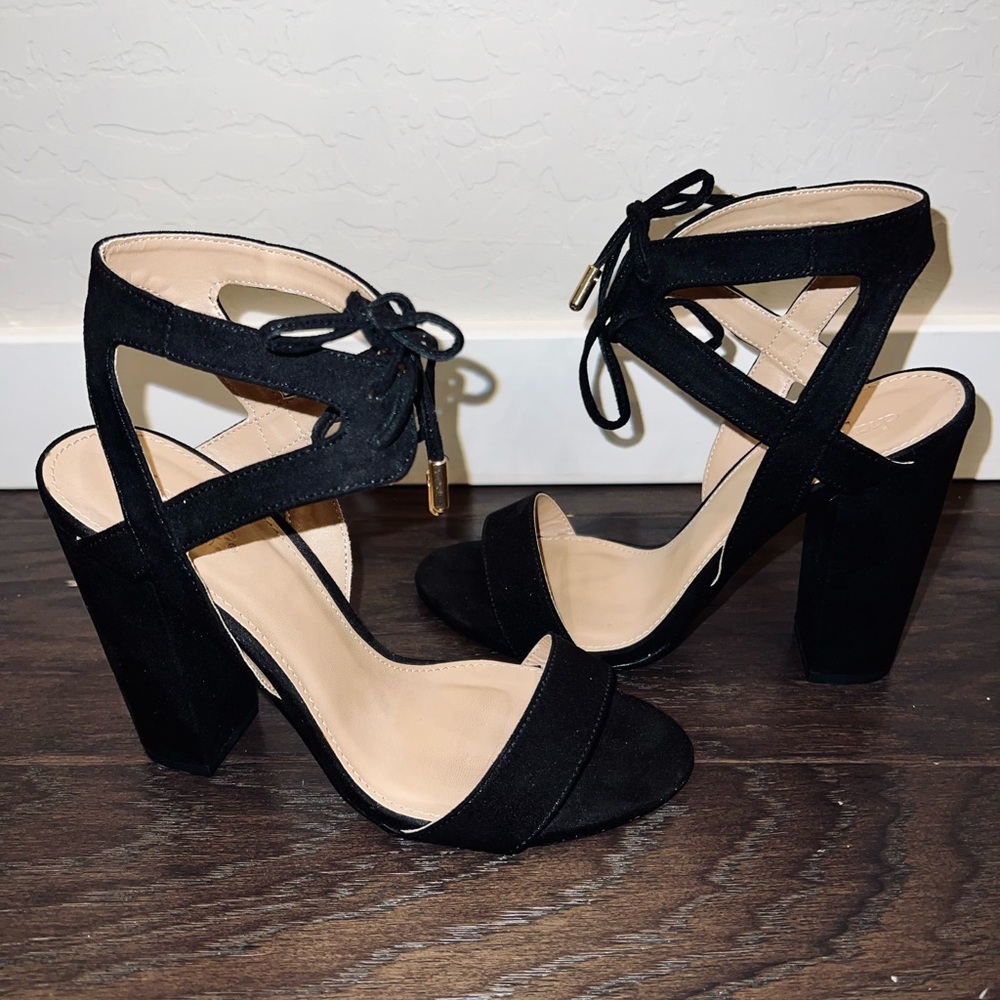 Black heels, black suede heels, black sandal heels
